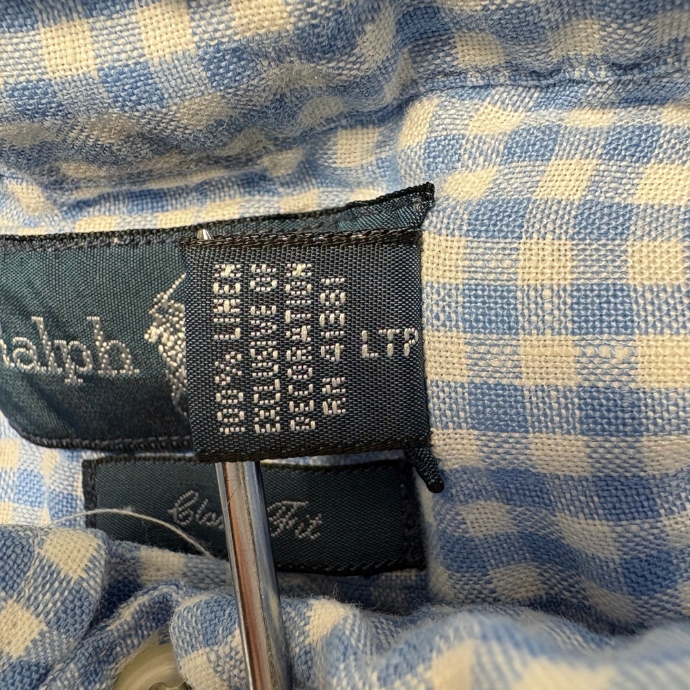 Polo Ralph Lauren Mens Classic Fit 100% Linen Gingham Seersucker Shirt Blue L - Picture 7 of 7